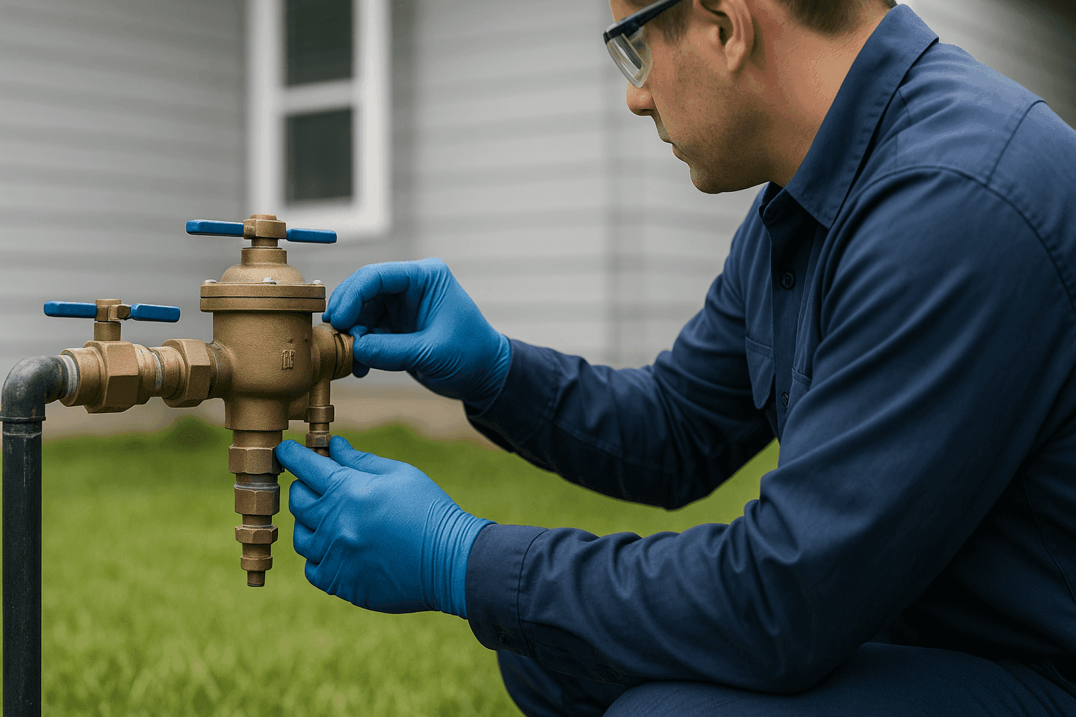 Technician inspecting backflow preventer valve on outdoor residential water line