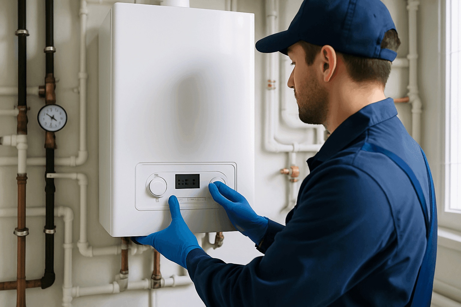 Technician inspecting boiler system in home utility room