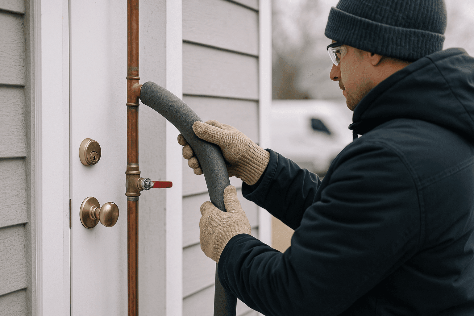 Homeowner insulating outdoor plumbing pipes to prevent freezing and burst pipes