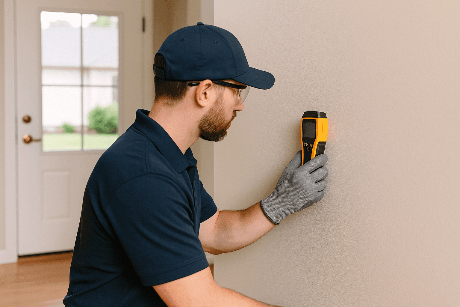 Plumber detecting hidden water leak inside a wall with moisture meter