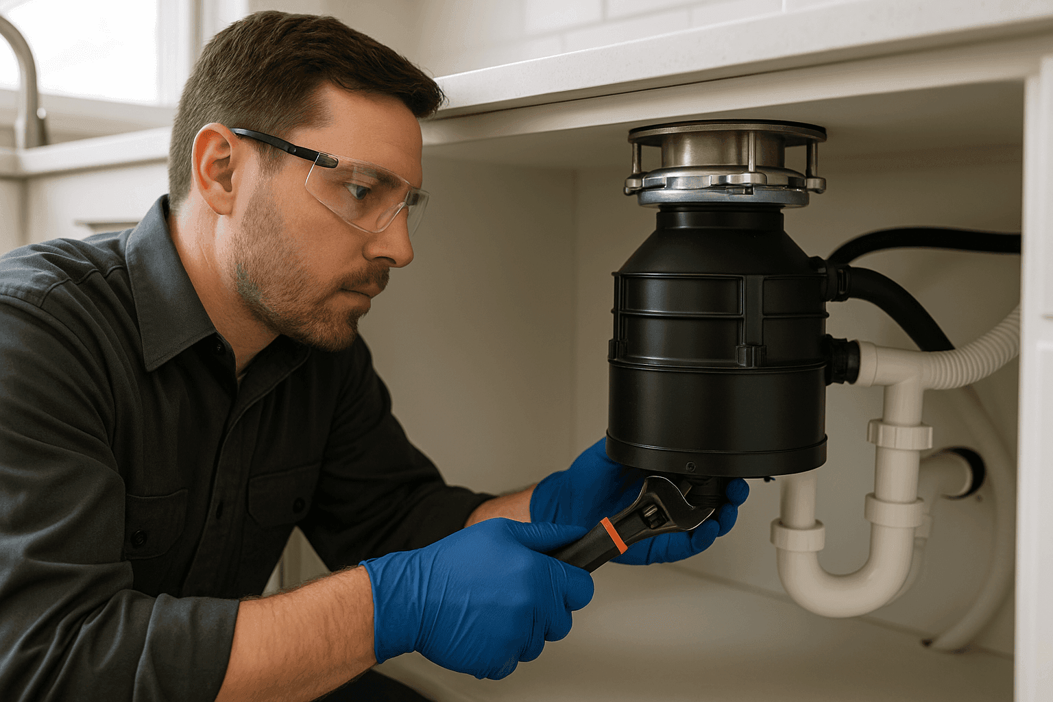 Technician repairing garbage disposal under kitchen sink