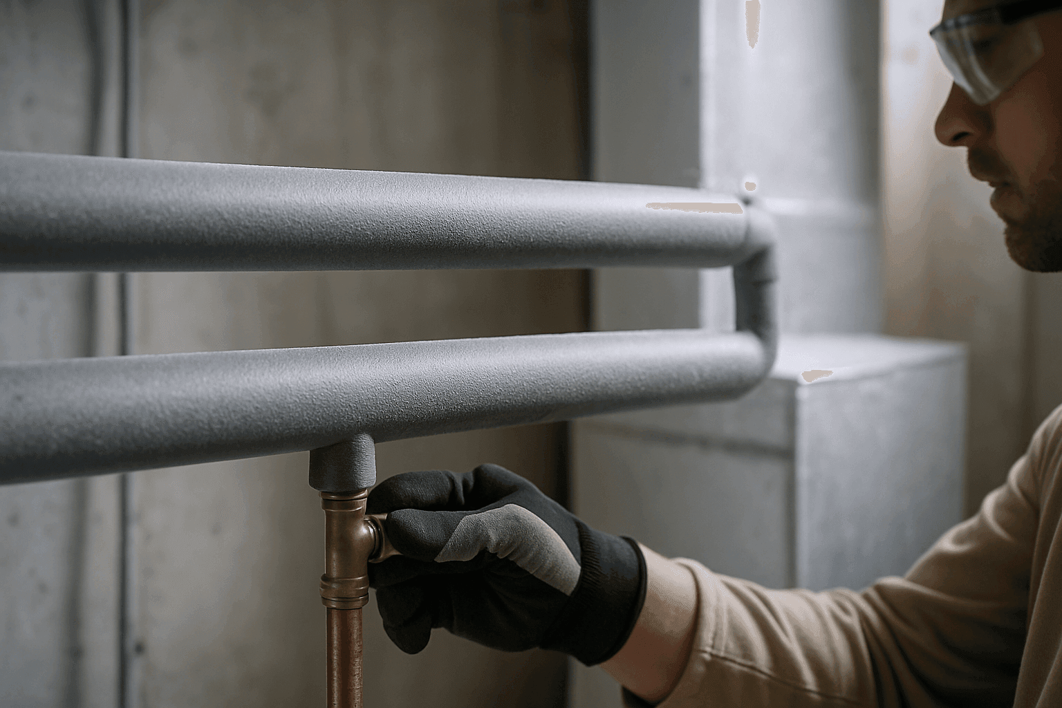 Insulated pipes in a basement with frost on nearby surfaces