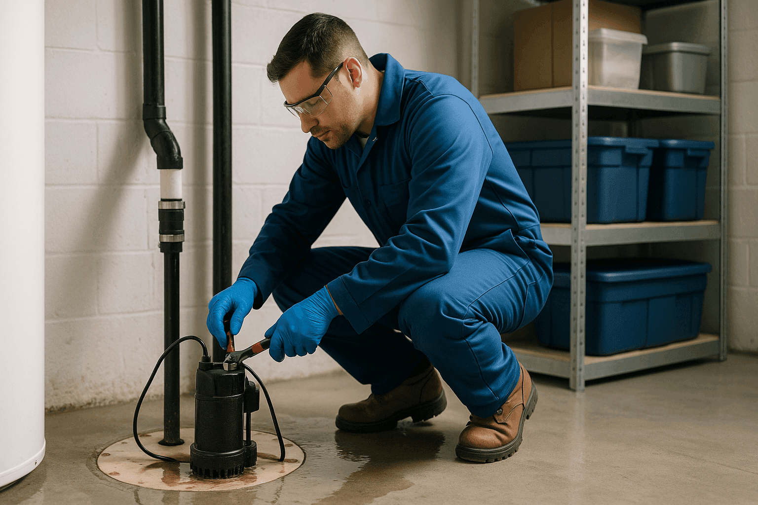 Technician repairing sump pump in basement with water on floor