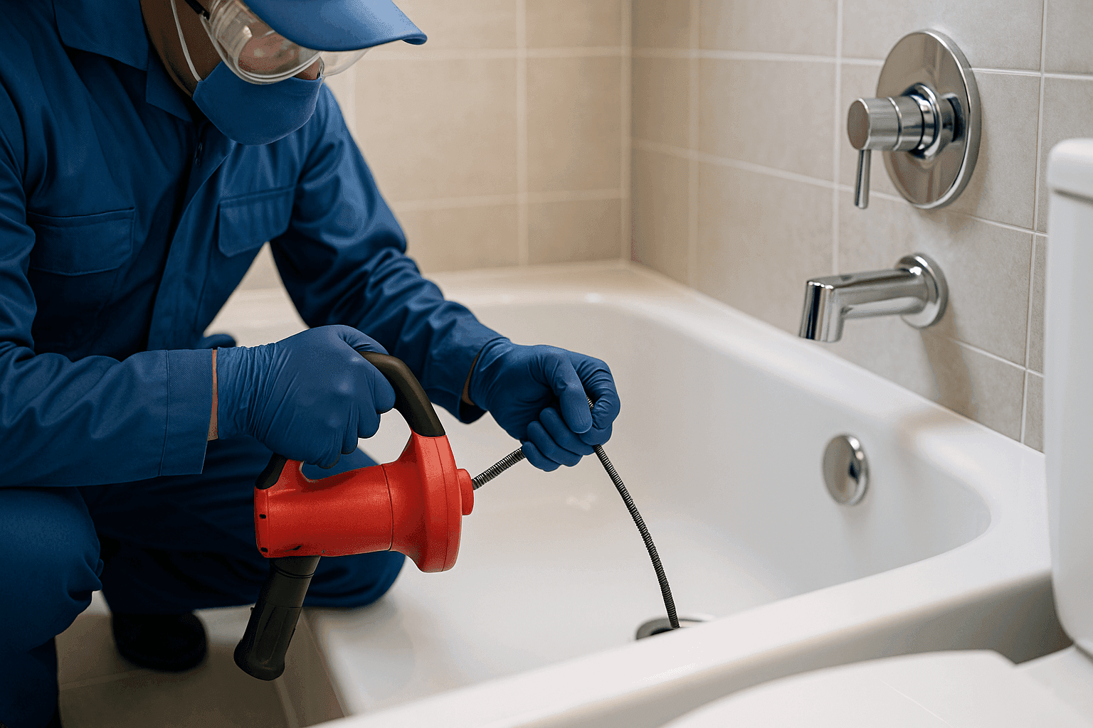 Plumber using drain snake on bathroom tub drain