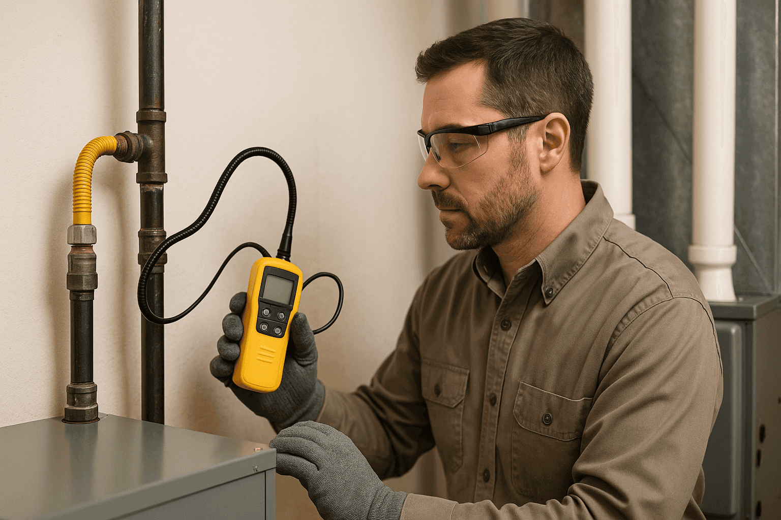 Technician inspecting residential gas line connection near furnace