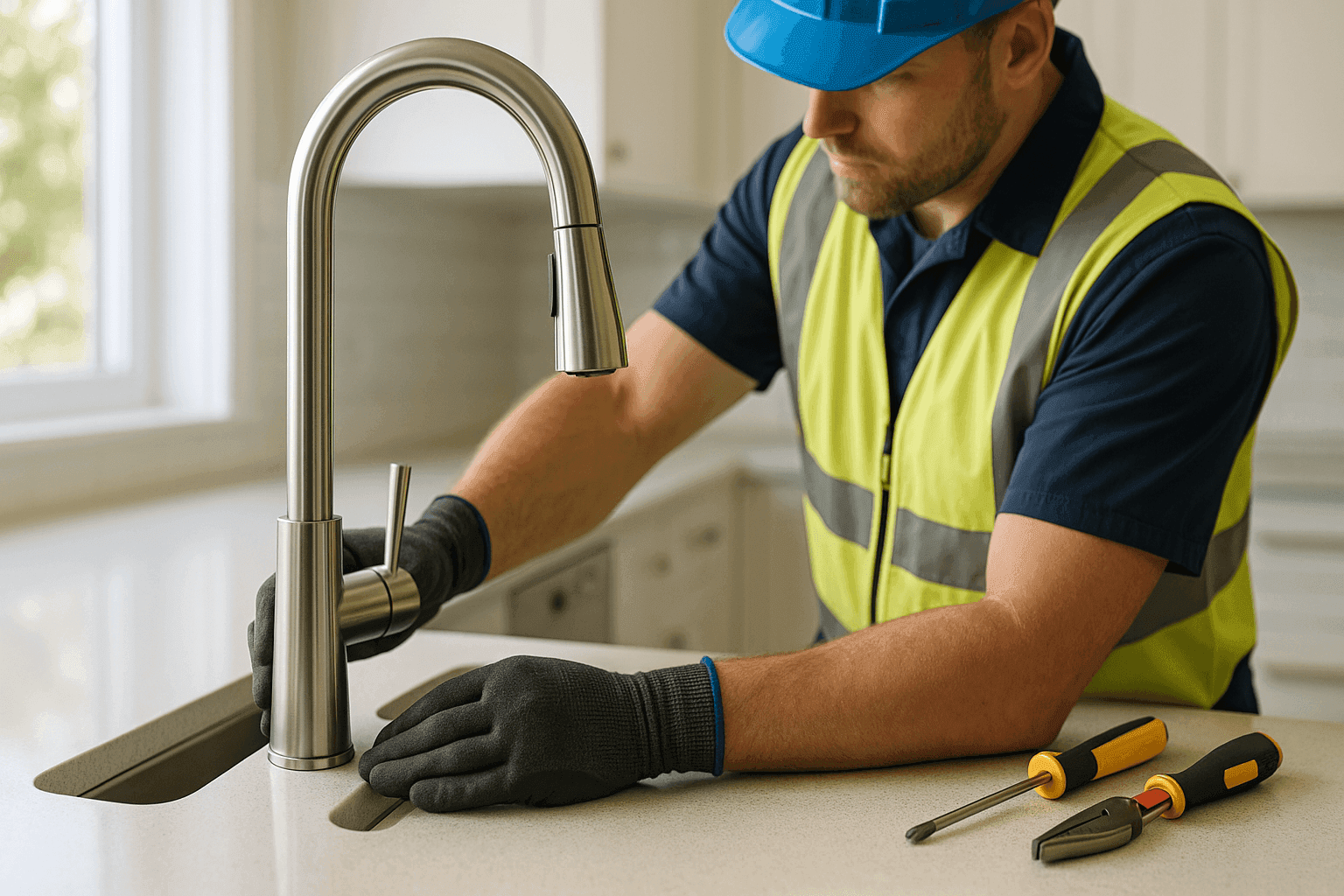 Technician installing touchless kitchen faucet in bright kitchen