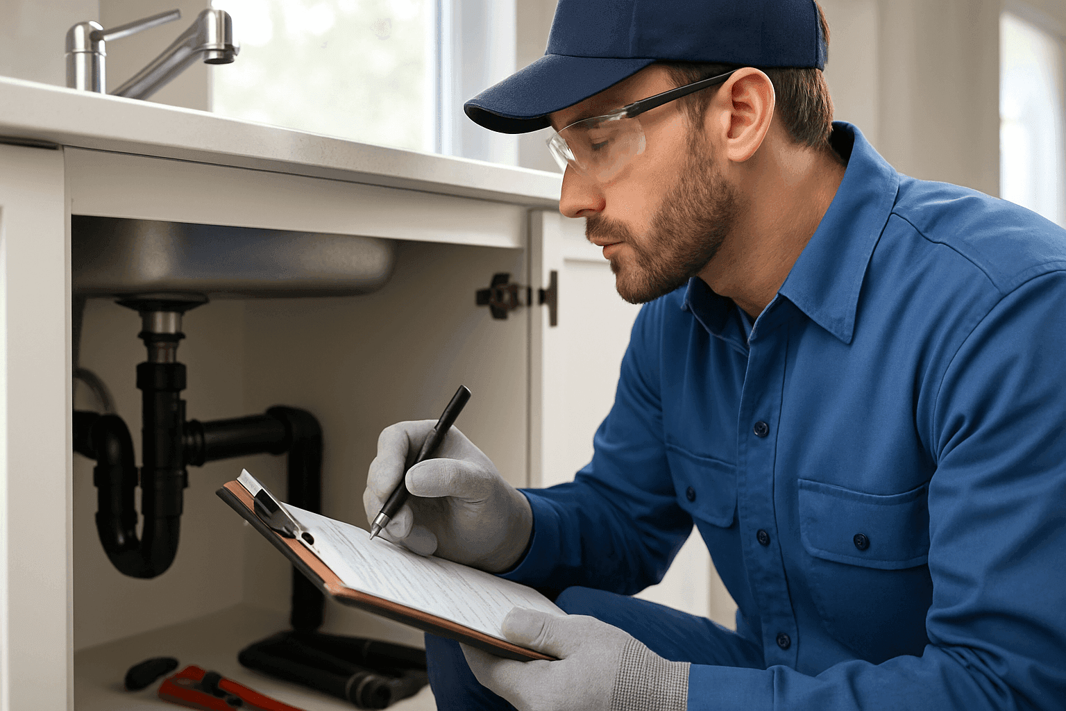Technician performing seasonal plumbing inspection under kitchen sink