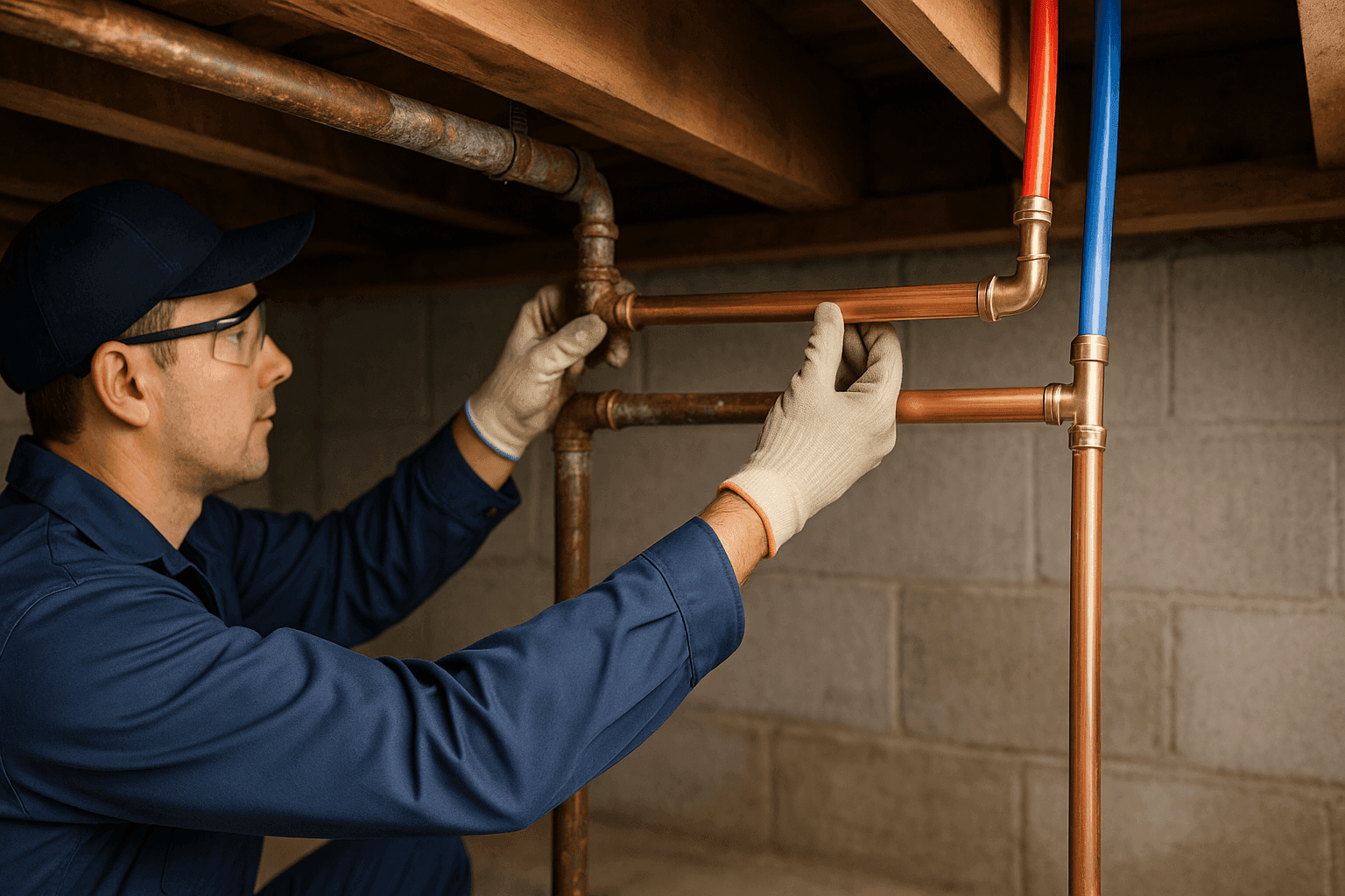 Plumber replacing old copper pipes in basement crawlspace