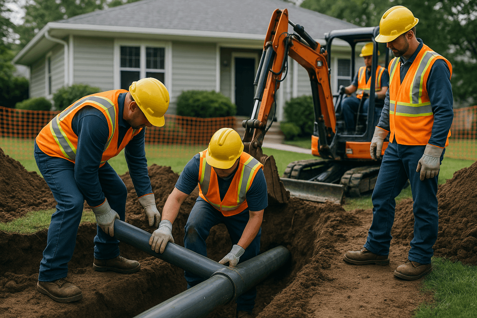 Repair crew replacing a residential sewer line in a front yard