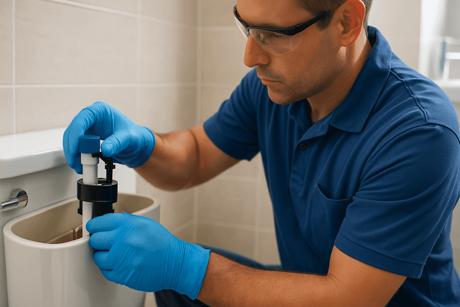 Plumber replacing toilet fill valve in modern bathroom