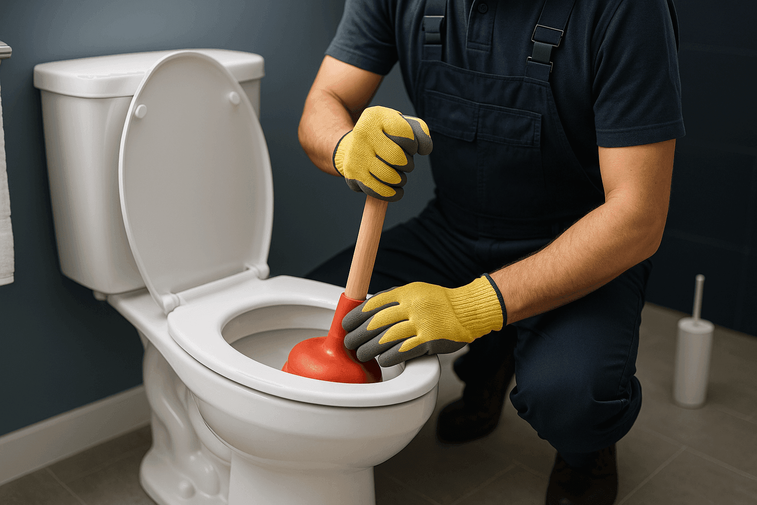 Homeowner using plunger to unclog toilet in bathroom