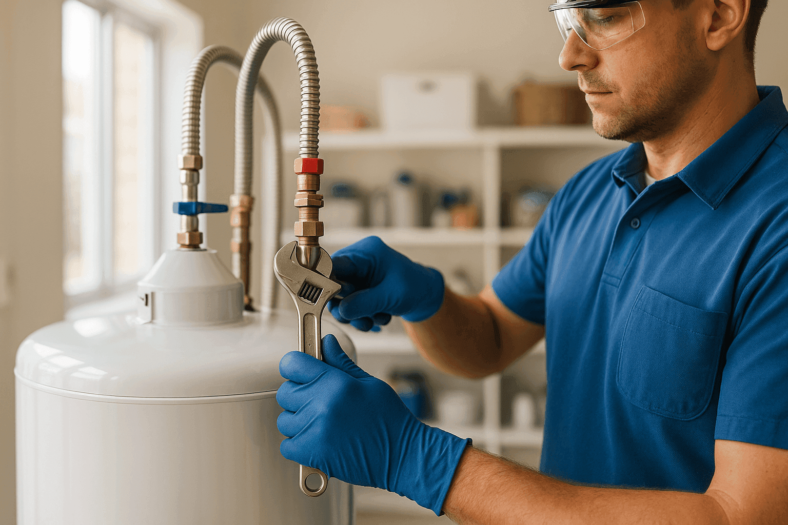 Plumber installing new water heater in home utility room