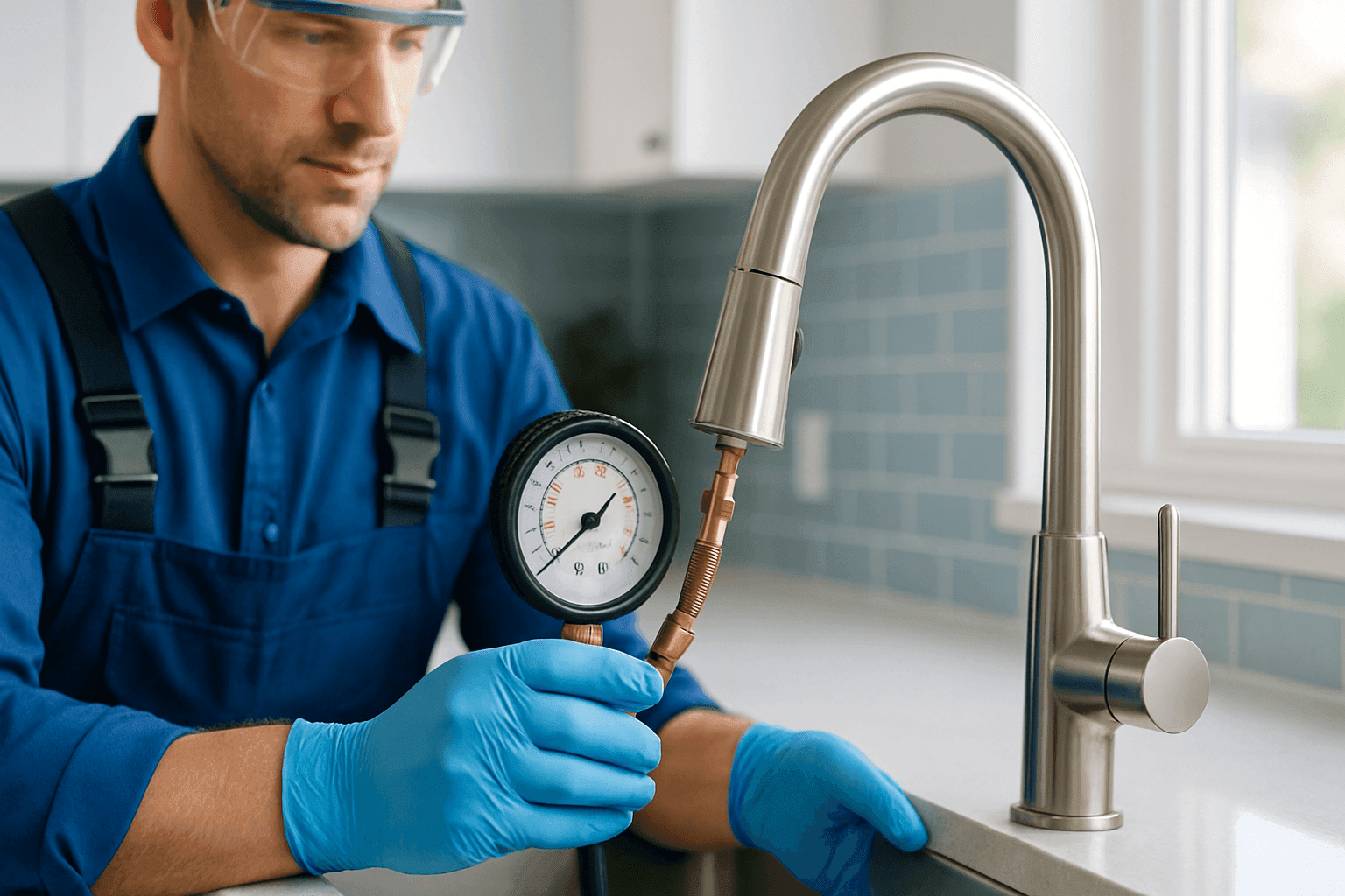 Technician testing water pressure at kitchen faucet with gauge